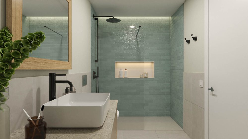 Plano vs render 3D: Visualización 3D de un proyecto de reforma de un baño