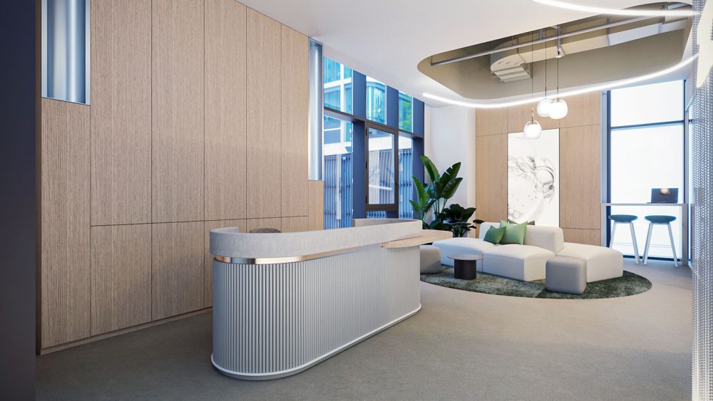 Alexandra Proaño 3D: Render de la recepción de un nuevo edificio de oficinas en Madrid
