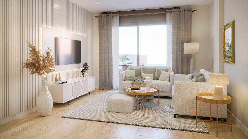 AP3D: Renders profesionales para una promoción inmobiliaria en Alicante - Render interior de la sala de estar