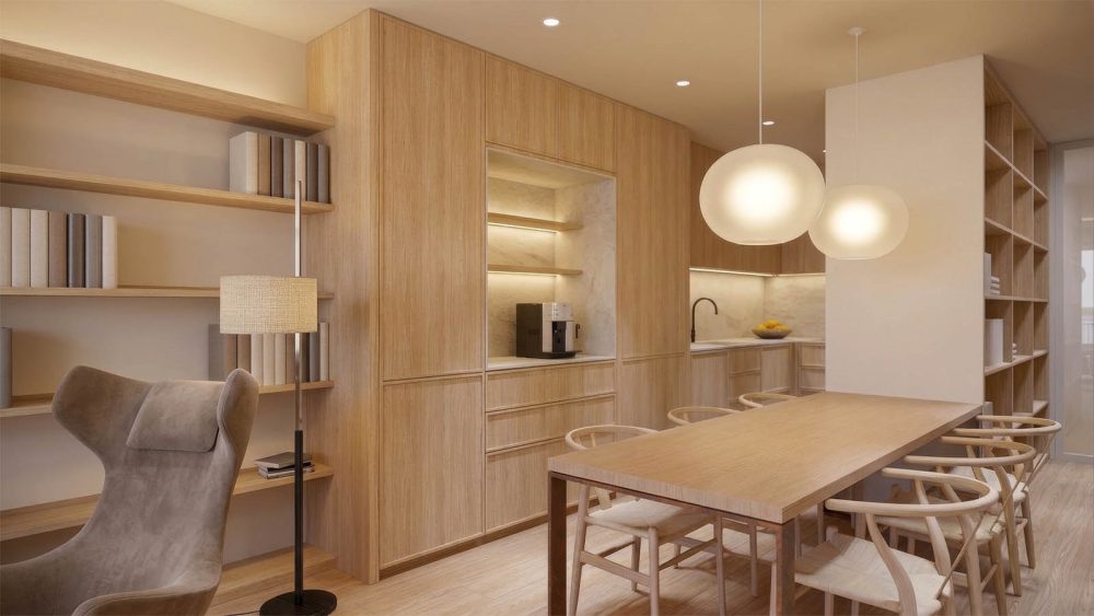 AP3D - Renders 3D de interiores: Vista de detalle del comedor y la cocina del proyecto Provença. 