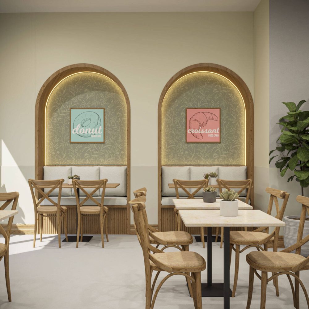 Proyecto de diseño interior para panadería-cafetería en Barcelona: Área de mesas