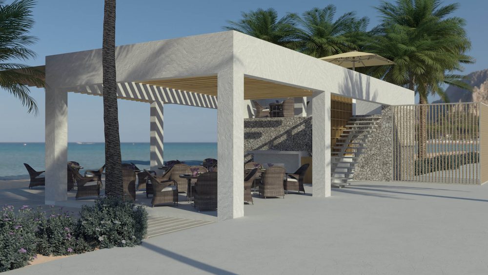 Render del un chiringuito en la playa