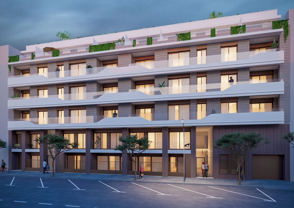 AP3D: Renders profesionales para una promoción inmobiliaria en Alicante - Render exterior nocturno