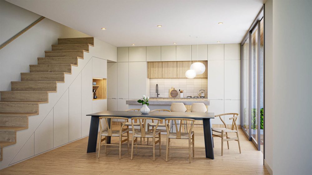 AP3D - Renders para proyectos de interiorismo: Render de un comedor con cocina americana