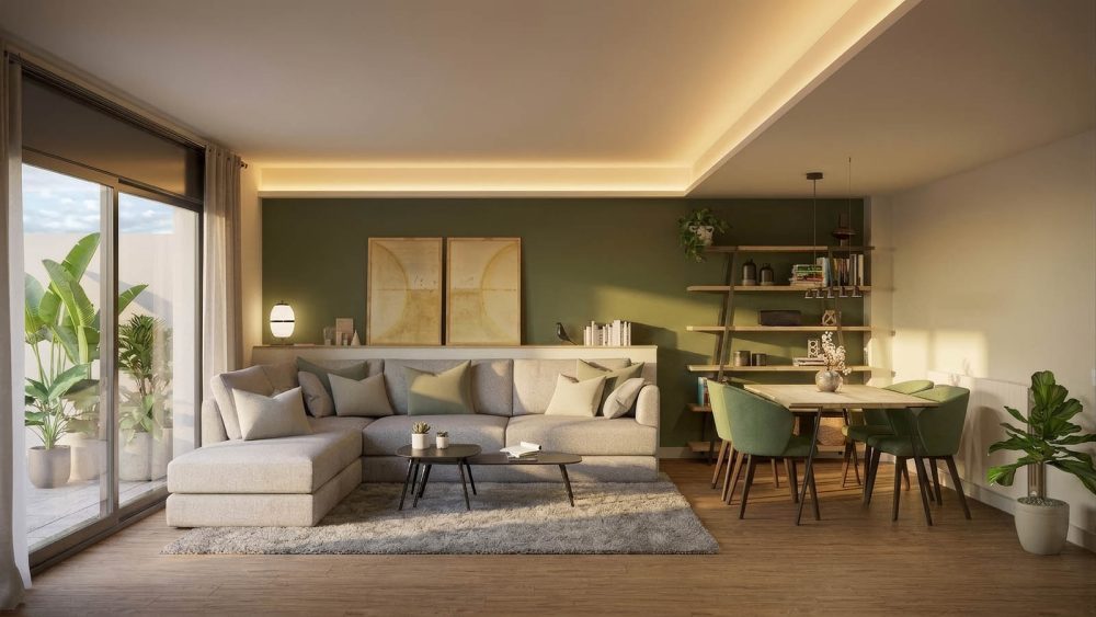AP3D - Proyecto de decoración de interiores de una vivienda unifamiliar en Cabrera de Mar: Vista de la sala de estar