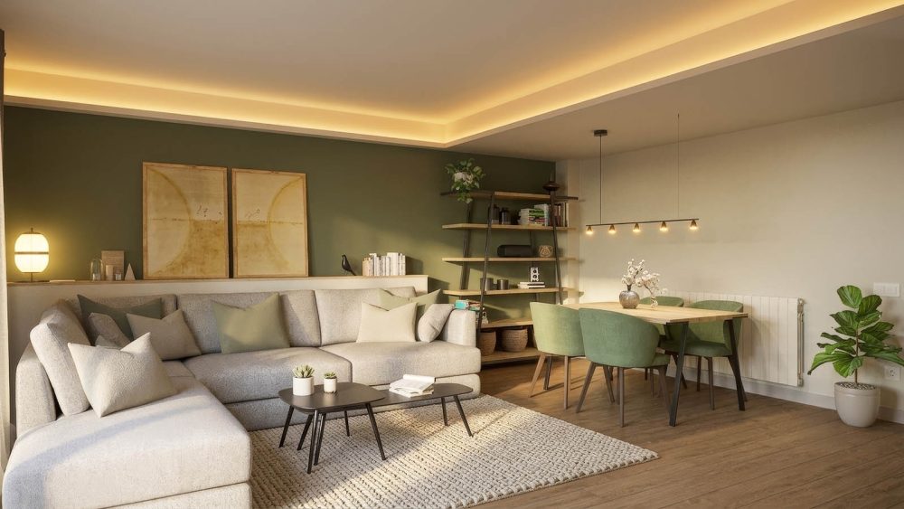 AP3D - Proyecto de decoración de interiores de una vivienda unifamiliar en Cabrera de Mar: Vista de la sala de estar y el comedor