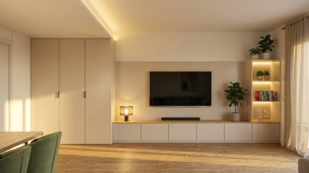 AP3D - Proyecto de decoración de interiores de una vivienda unifamiliar en Cabrera de Mar: Vista del mueble TV a medida