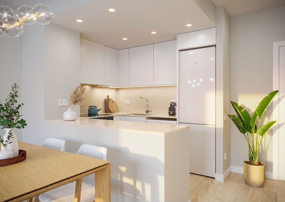 Promoción inmobiliaria en Alicante: render interior de la cocina