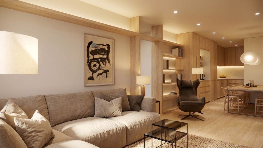 AP3D - Renders 3D de interiores: Vista general de la sala de estar del proyecto Provença. 