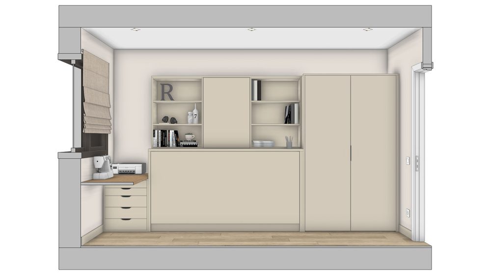 Modelo 3D realizado en SketchUp: Vista seccional 3D de la cama abatible 
cerrada.