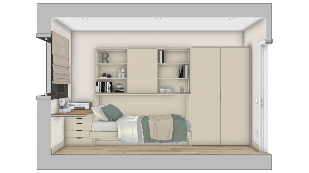 Modelo 3D realizado en SketchUp: Vista seccional 3D de la cama abatible abierta.